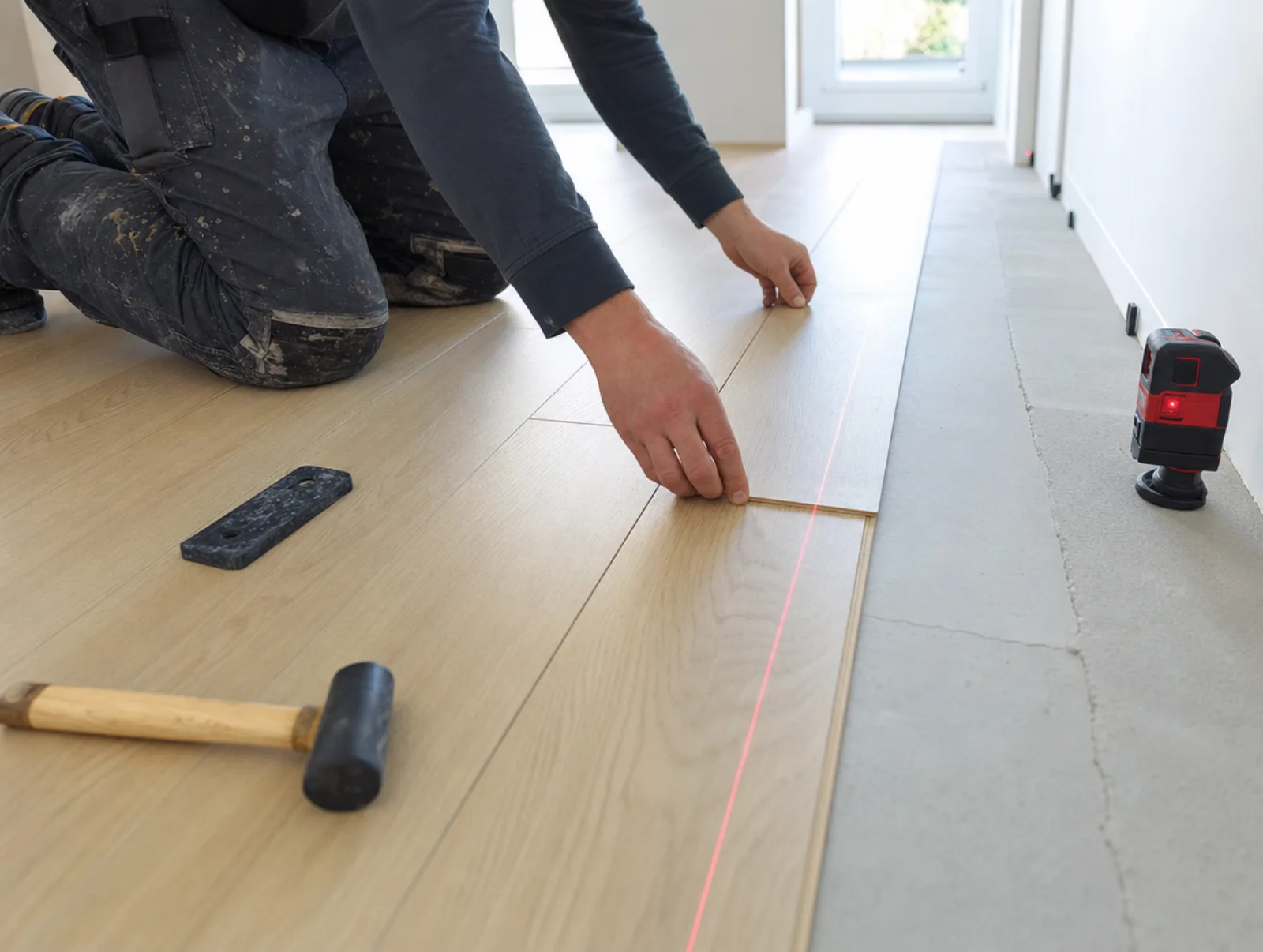 Installer kneeling to fit flooring boards along a laser guide line, tidy edges, no face visible