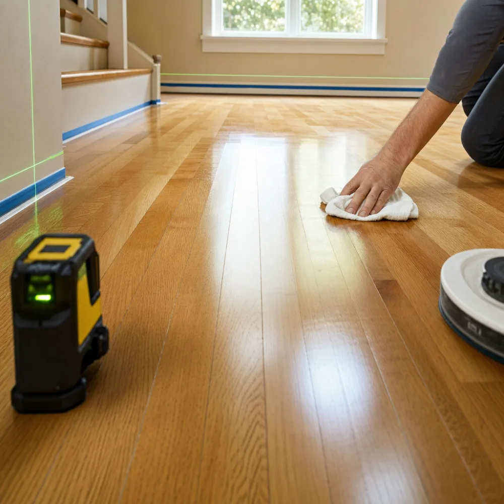 Close-up of a refinished hardwood floor's new sheen