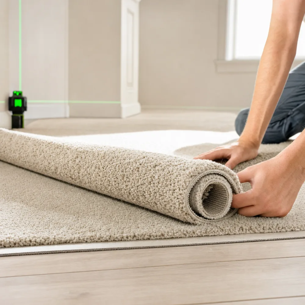 Close-up of plush carpet roll edge for a materials comparison