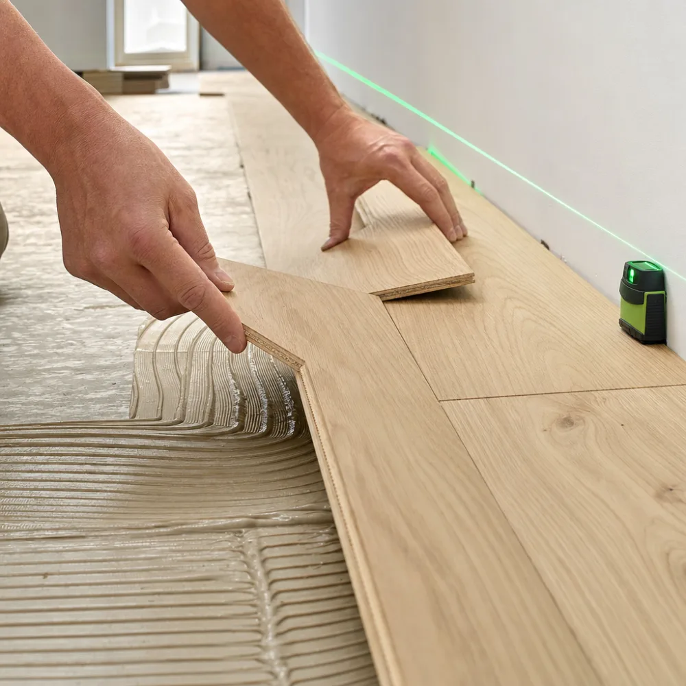 Close-up of oak hardwood flooring planks during installation
