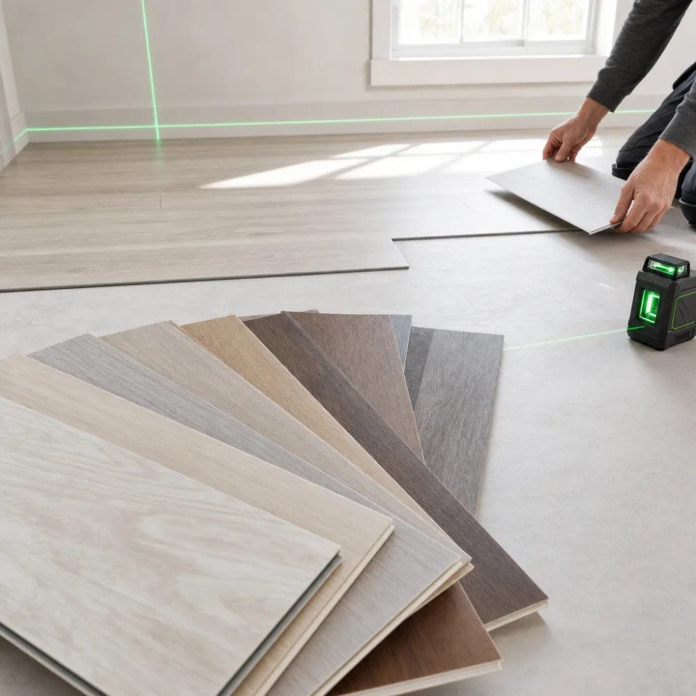 Luxury vinyl plank flooring samples staged for a materials comparison