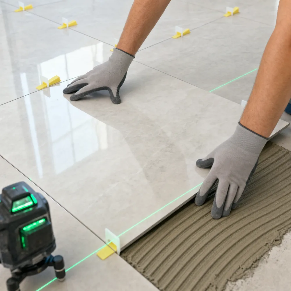Large-format tile flooring with spacers set during installation